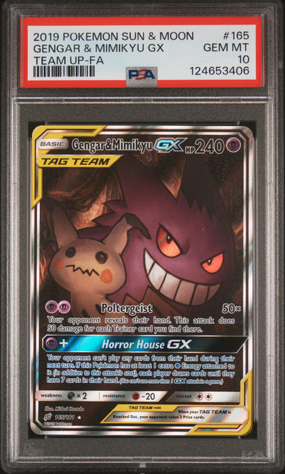 2019 Pokémon Sun & Moon Team Up #165 Gengar & Mimikyu GX – PSA 10 GEM MT (Full Art)