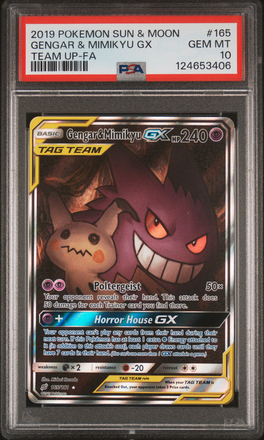 2019 Pokémon Sun & Moon Team Up #165 Gengar & Mimikyu GX – PSA 10 GEM MT (Full Art)