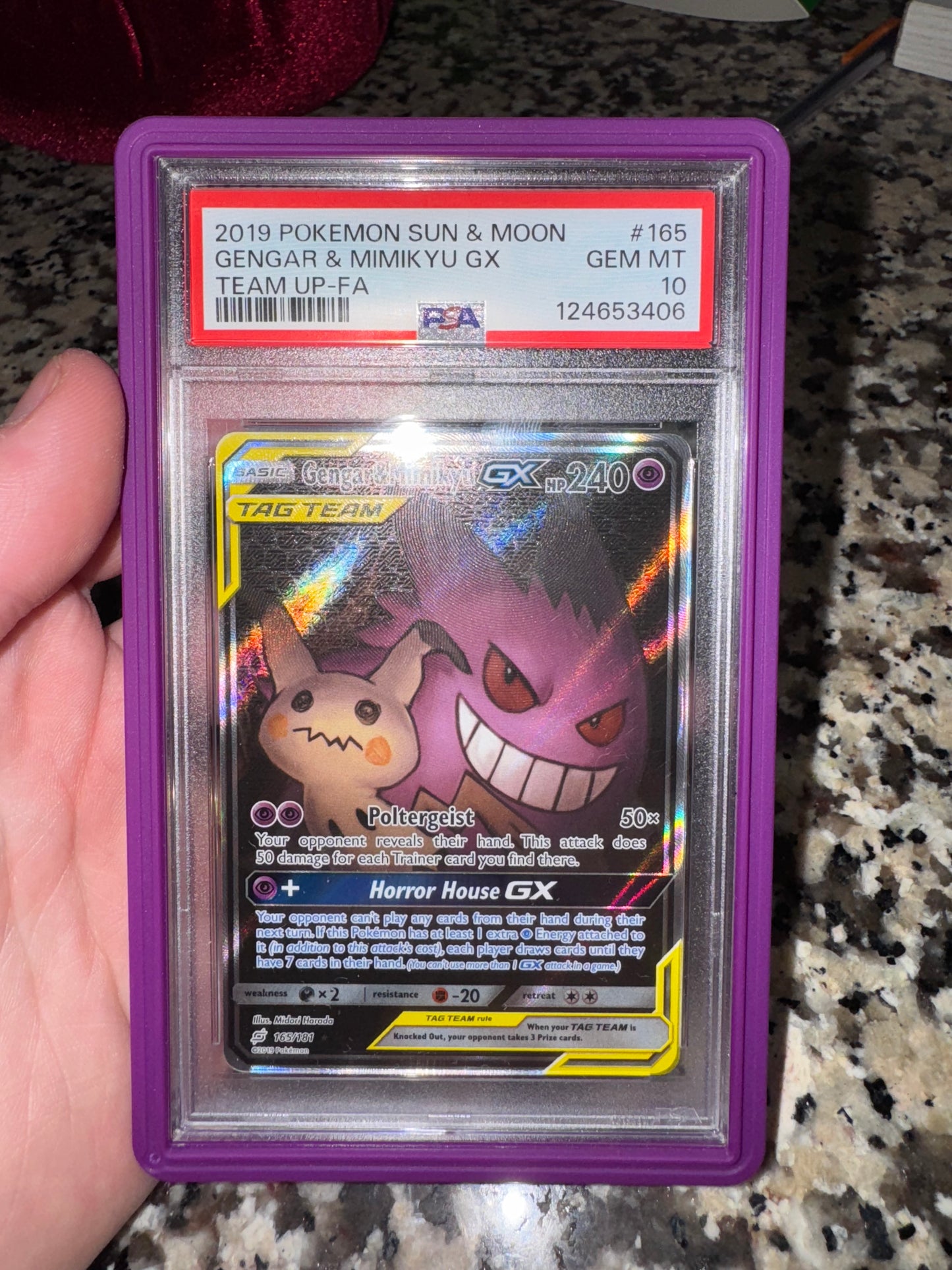 2019 Pokémon Sun & Moon Team Up #165 Gengar & Mimikyu GX – PSA 10 GEM MT (Full Art)
